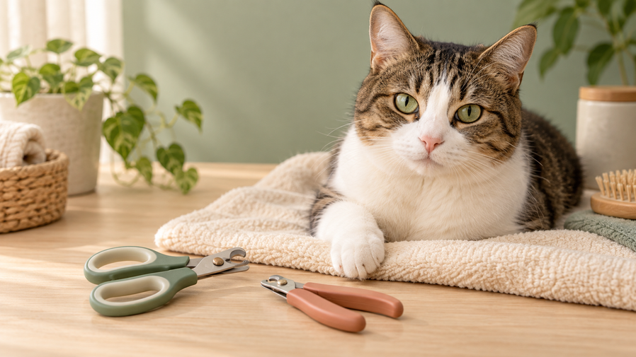 Calm cat beside two styles of pet nail clippers on a cozy grooming setup