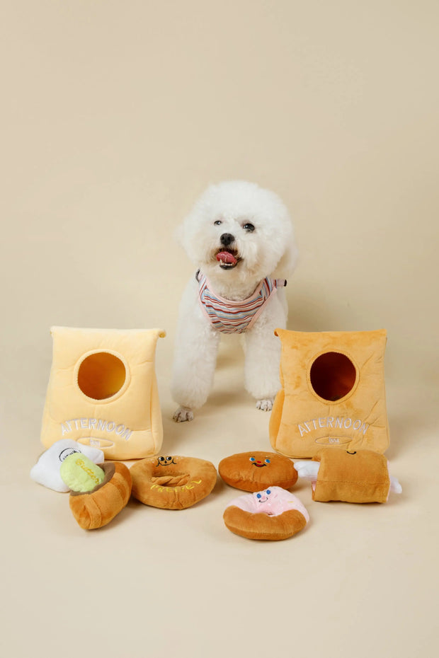 Afternoon Tea Hide-and-Seek Plush Toy Set with a dog in a warm home scene