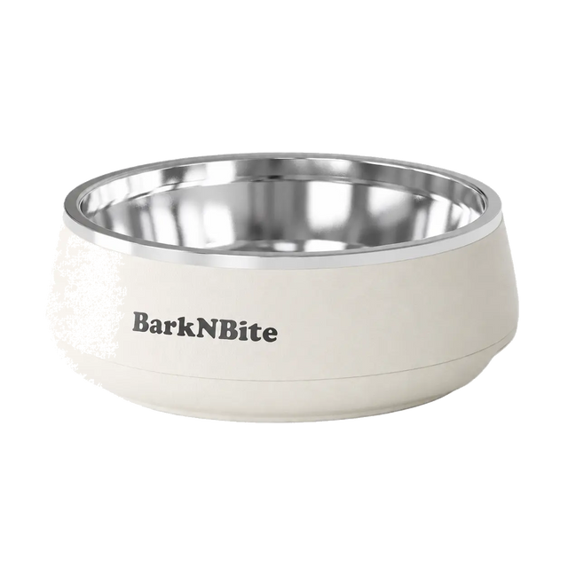 BarkNBite cream white stainless steel pet bowl on a transparent background