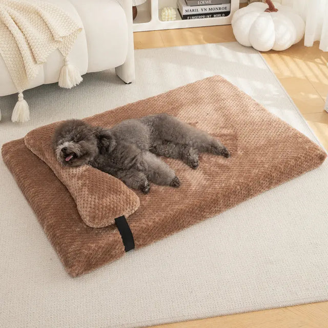 Dog resting on the cozy pineapple-weave pet bed mat in a home