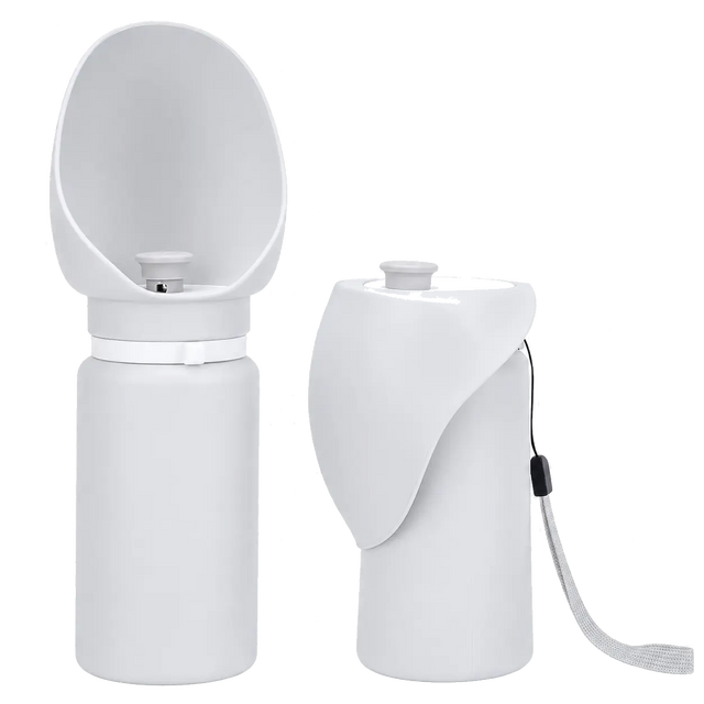RoamSip Light Gray foldable dog water bottle shown open and folded on a transparent background