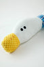 Close-up of the plush toy and textured yellow beak