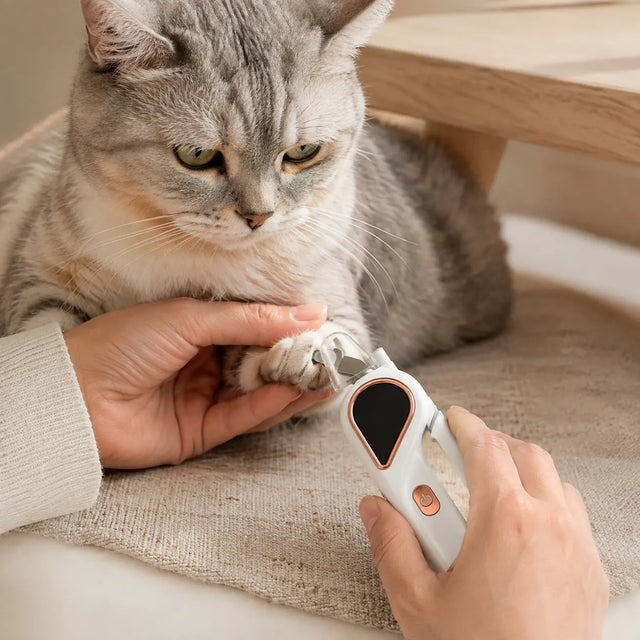 PawGlow white pet nail clipper gently trimming a cat's nail