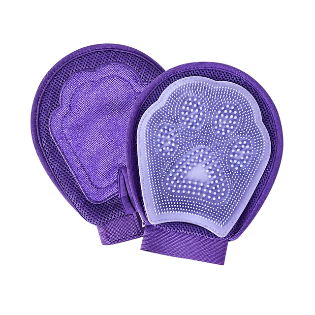 PawSoothe purple two-sided pet grooming glove on a transparent background