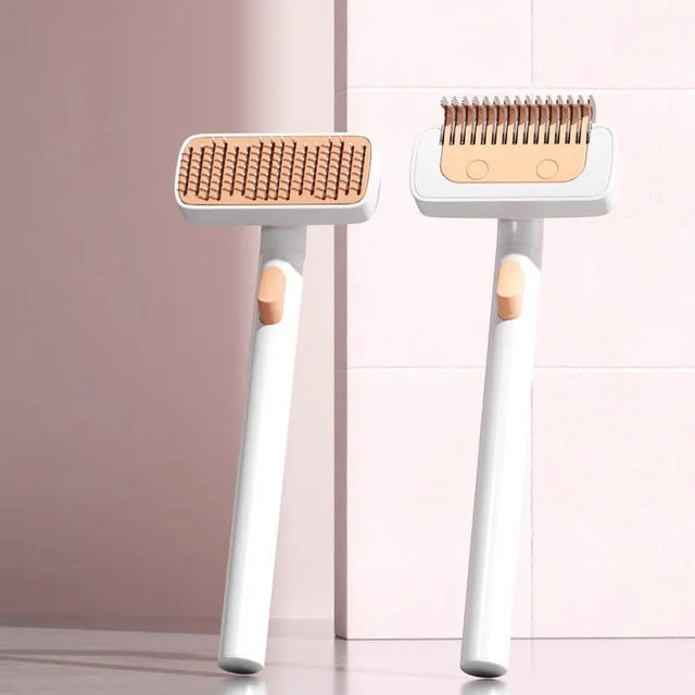 Two pet grooming brushes displayed in a mauve room