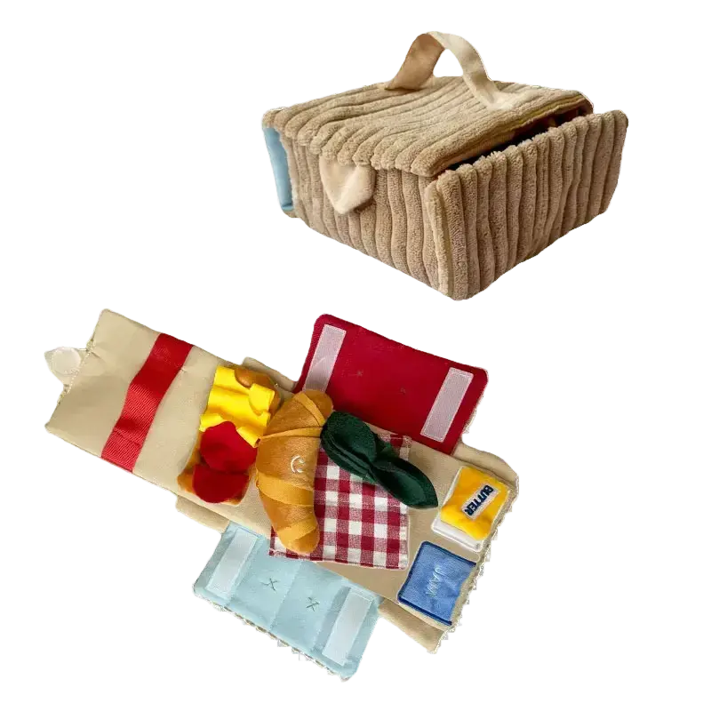 Picnic Paws Hide-and-Seek Snuffle Toy Set with foldable picnic mat, croissant plush, and fabric basket