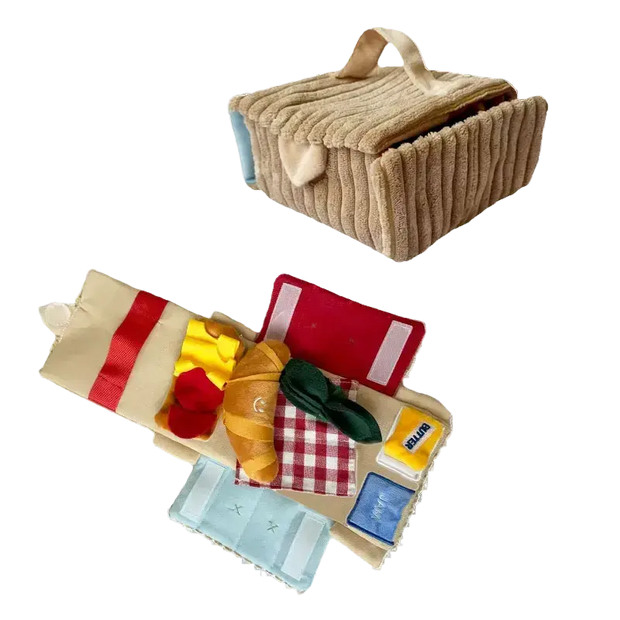 Picnic Paws Hide-and-Seek Snuffle Toy Set with foldable picnic mat, croissant plush, and fabric basket